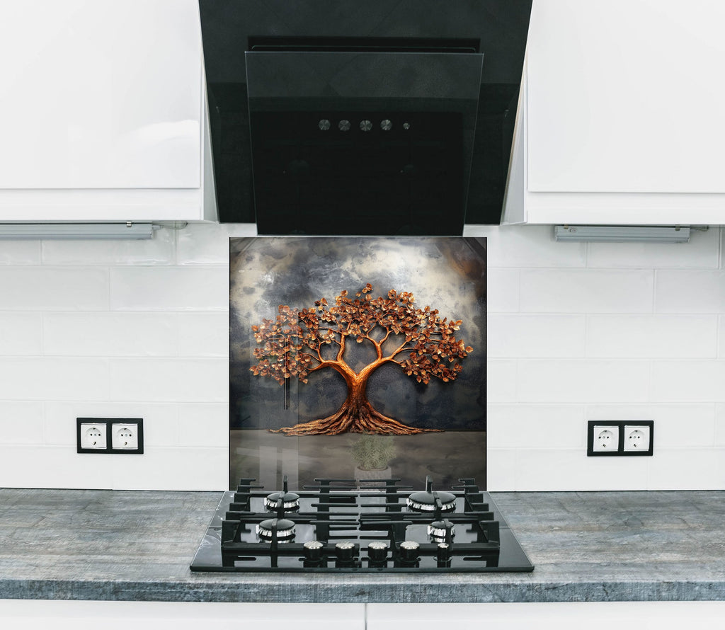 Copper tree of life wall art kitchen backsplash luxury embossed glass panel for rustic farmhouse and contemporary interiors

