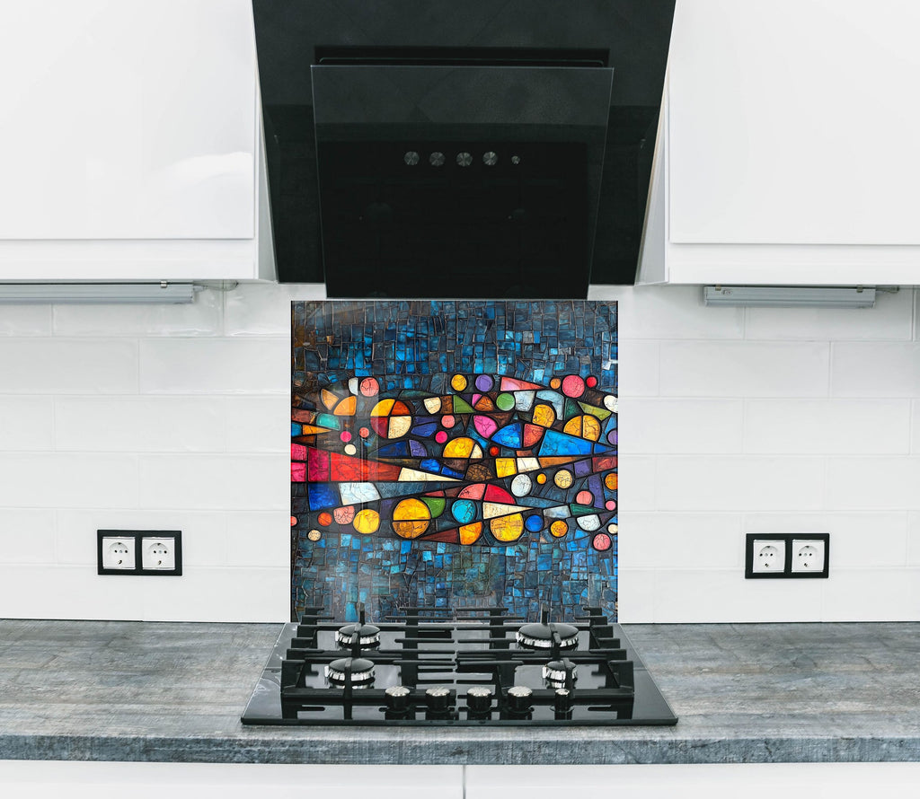 Colorful abstract mosaic backsplash vibrant stained glass wall art panel for artistic modern kitchen design

