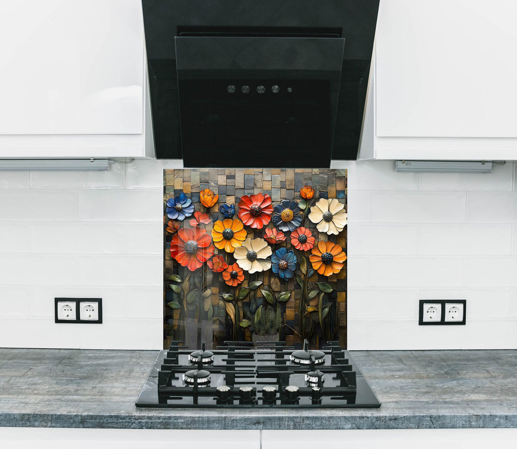 Artistic colorful kitchen backsplash glass art featuring blooming flowers in textured style

