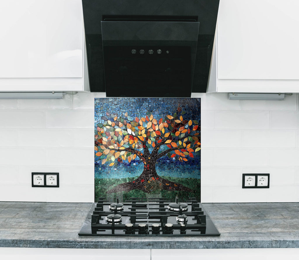 Colorful mosaic tree kitchen backsplash vibrant artistic textured backsplash glass art panel perfect for luxury and modern interiors

