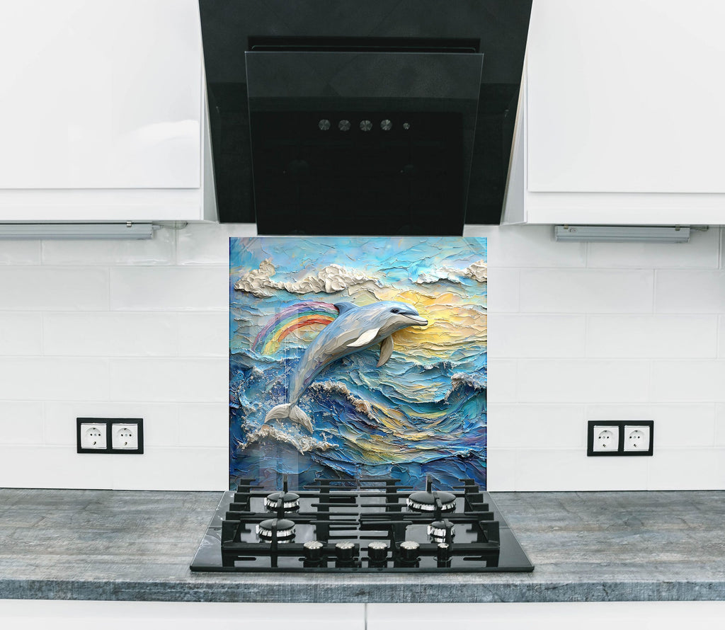 Vibrant dolphin and rainbow design – lively marine glass backsplash for kitchens.

