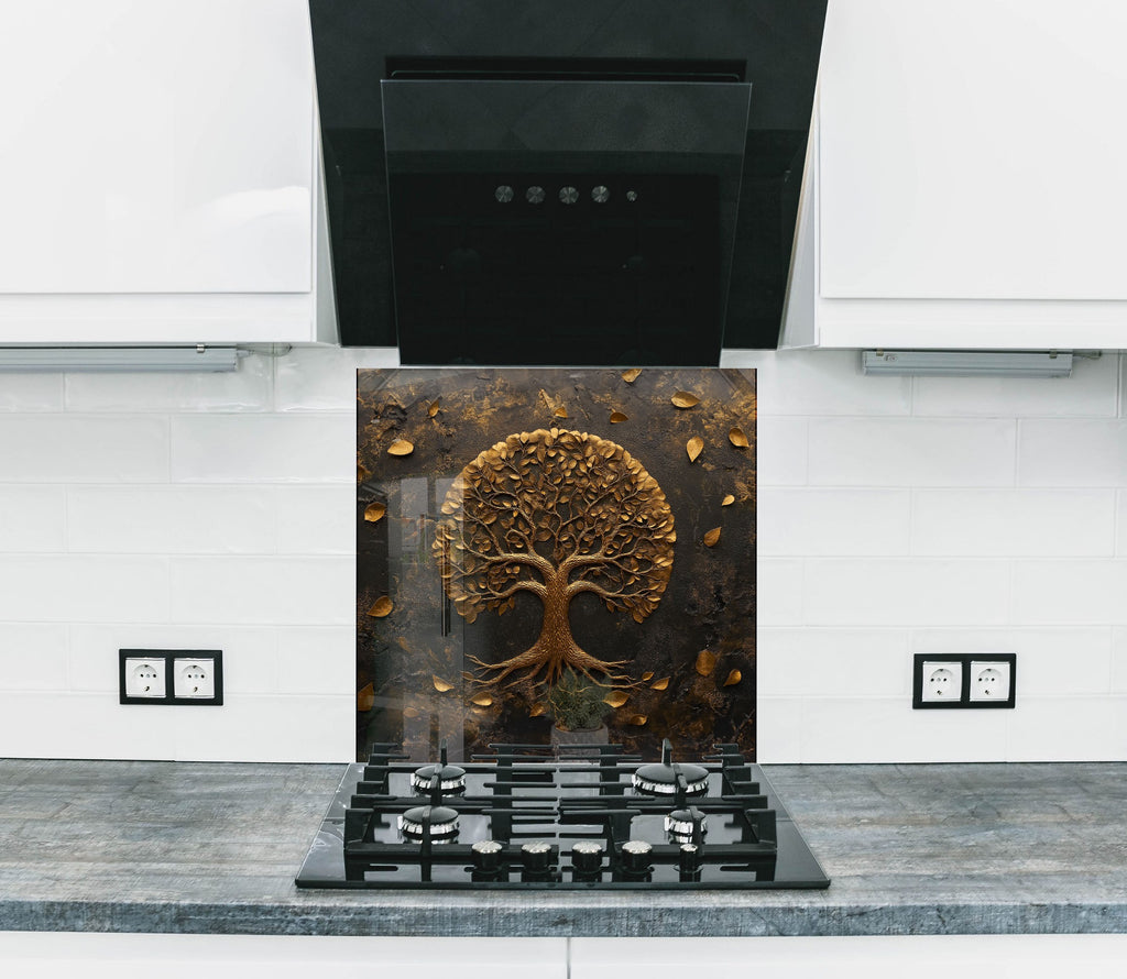 Golden tree of life kitchen backsplash luxury embossed textured glass wall art for black and modern interiors

