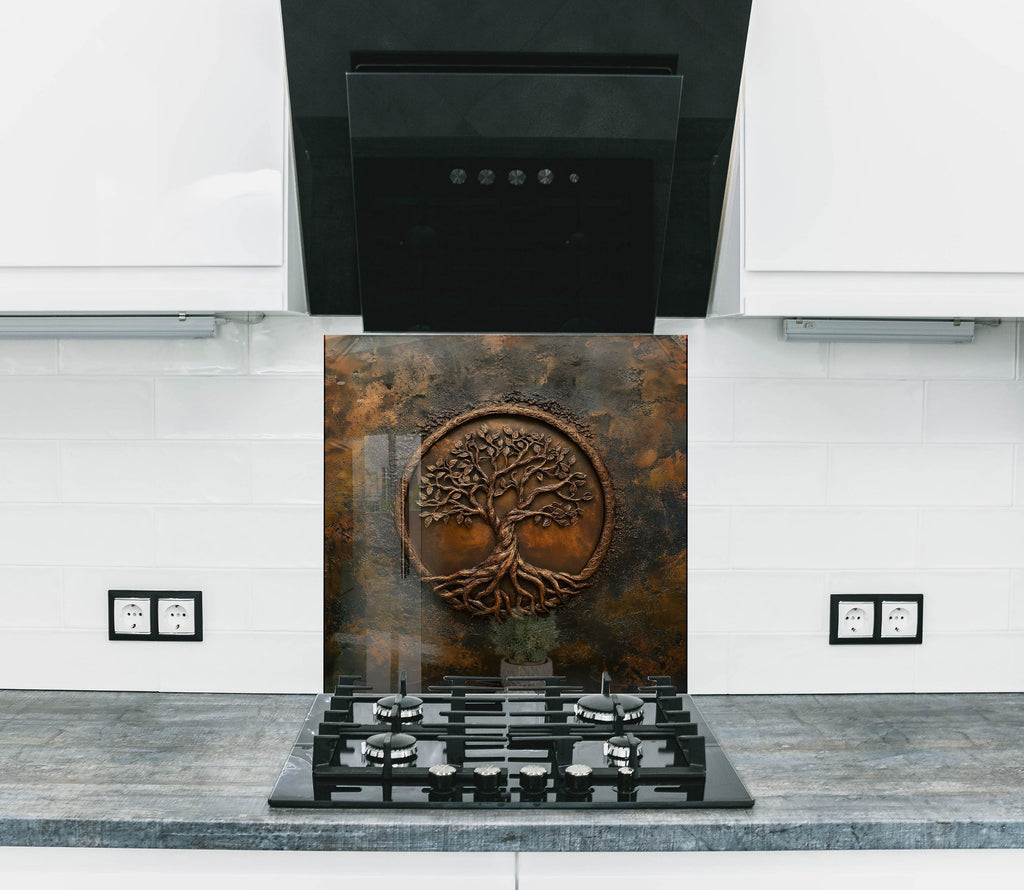 Bronze tree of life design on textured glass backsplash artistic wall art panel for elegant kitchens

