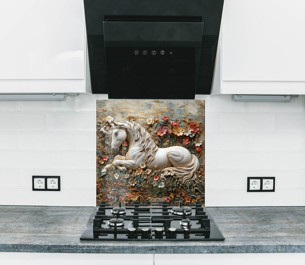 White horse resting in floral meadow – artistic kitchen backsplash panel.

