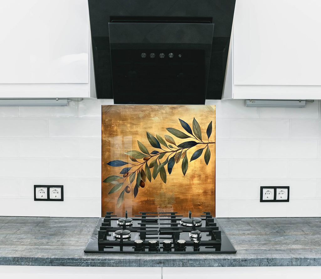 Golden kitchen backsplash glass wall art featuring elegant olive branch design for luxury modern kitchens

