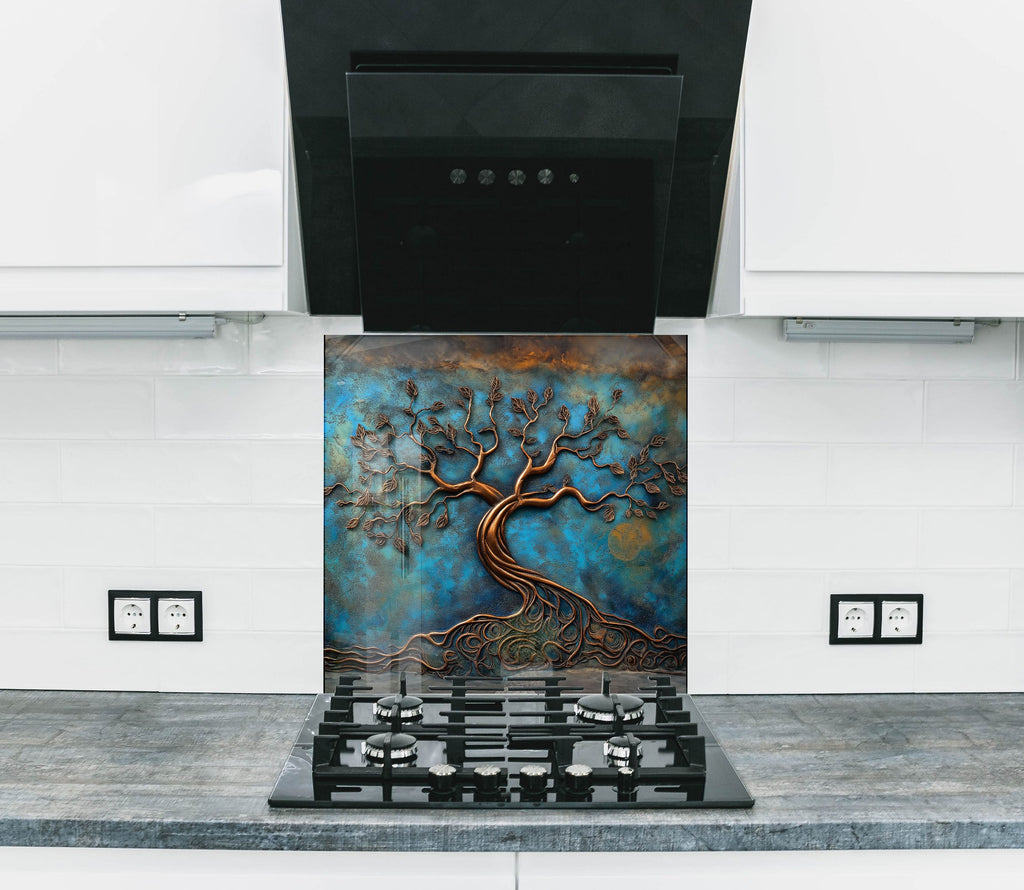 Copper tree of life backsplash artistic textured backsplash glass art panel with blue sky background for luxury kitchens

