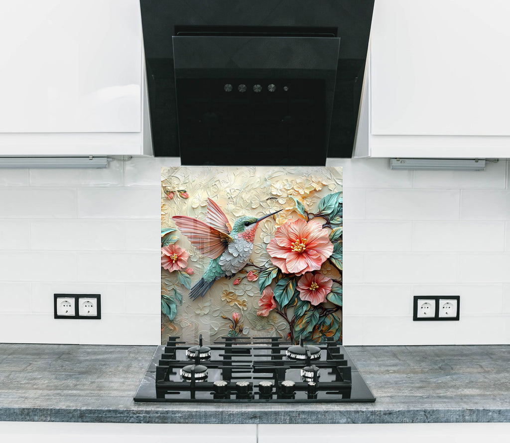 Colorful bird among blooming florals – elegant kitchen glass backsplash.


