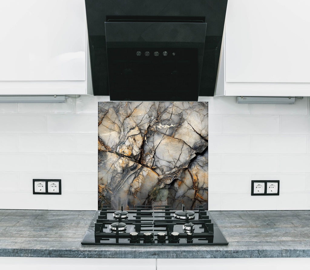 Gray gold marble effect backsplash glass art panel for upscale modern kitchen interiors with luxury design


