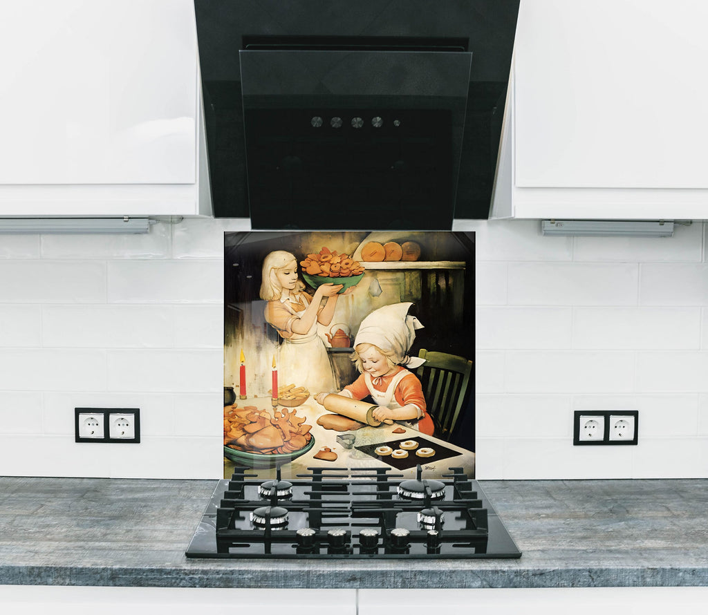 Storybook-inspired kitchen glass backsplash with nostalgic baking scene.

