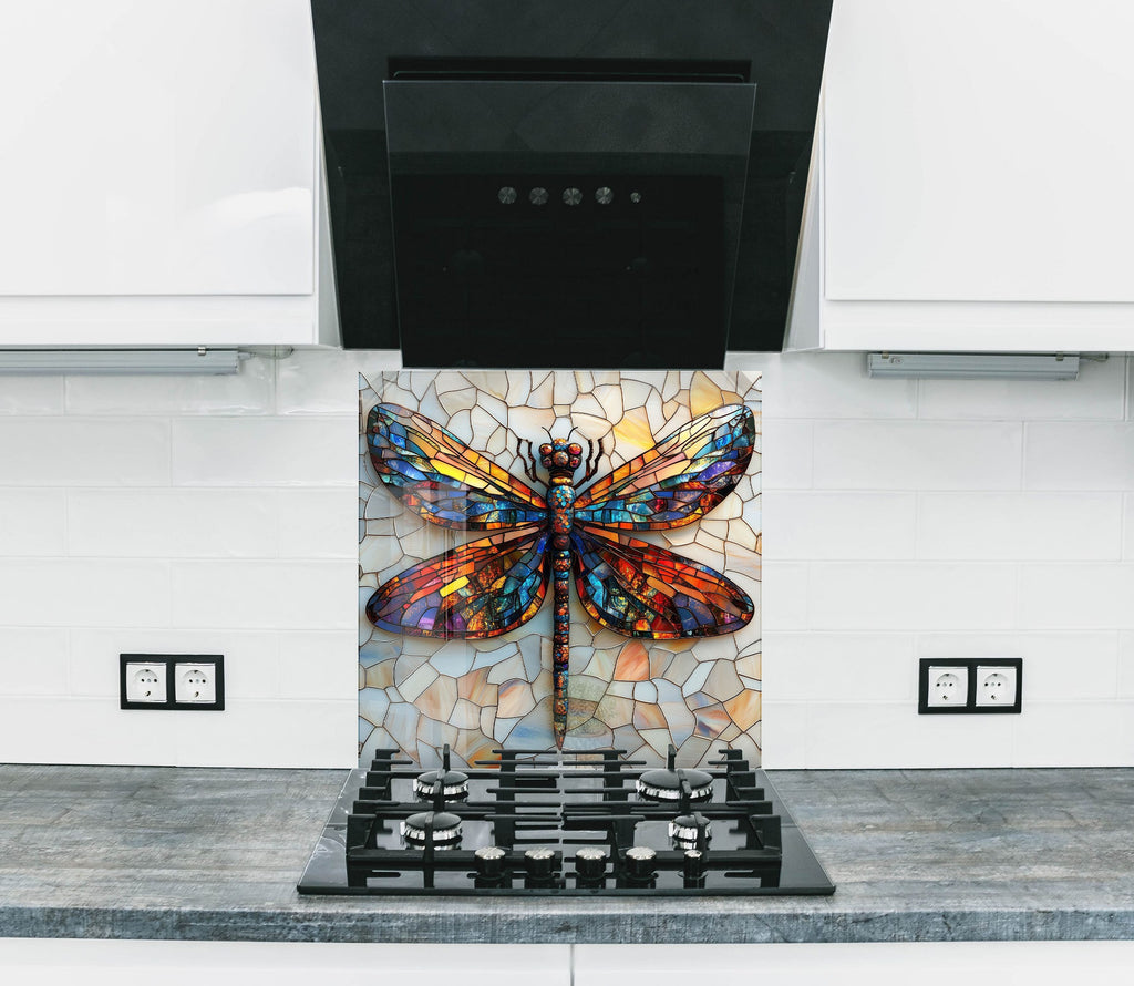 Colorful dragonfly design backsplash glass, bringing artistic elegance to your kitchen space.

