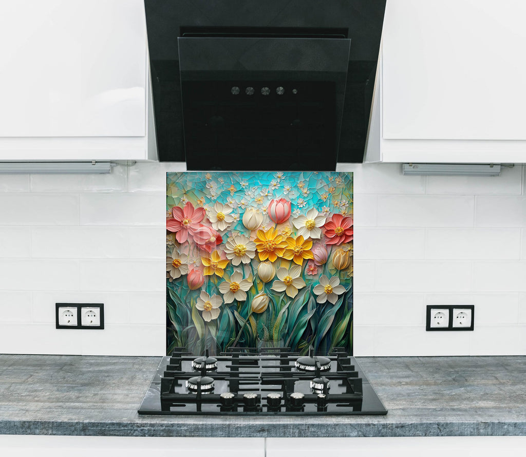 Floral glass backsplash with bold tulips, daffodils, and daisies on a dreamy blue background – ideal for artistic kitchen spaces.

