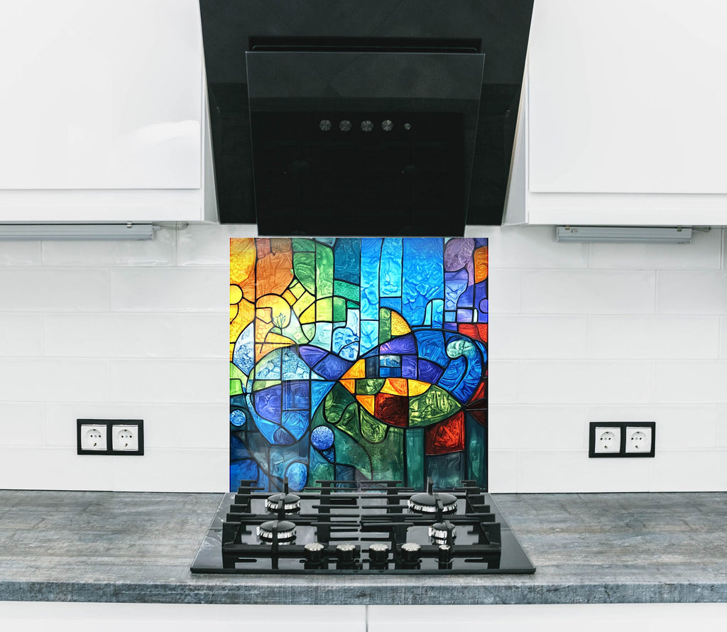 Colorful abstract mosaic kitchen backsplash vibrant artistic design on premium textured backsplash glass art perfect for modern homes

