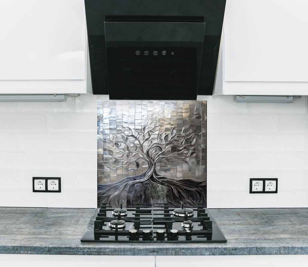 Elegant silver tree kitchen backsplash embossed metallic glass wall art perfect for contemporary interiors

