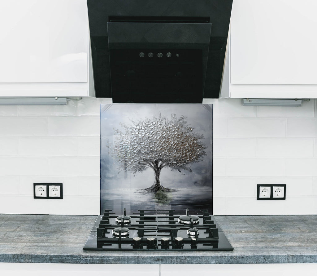 Elegant silver tree backsplash artistic glass wall panel perfect for contemporary and modern kitchen decor


