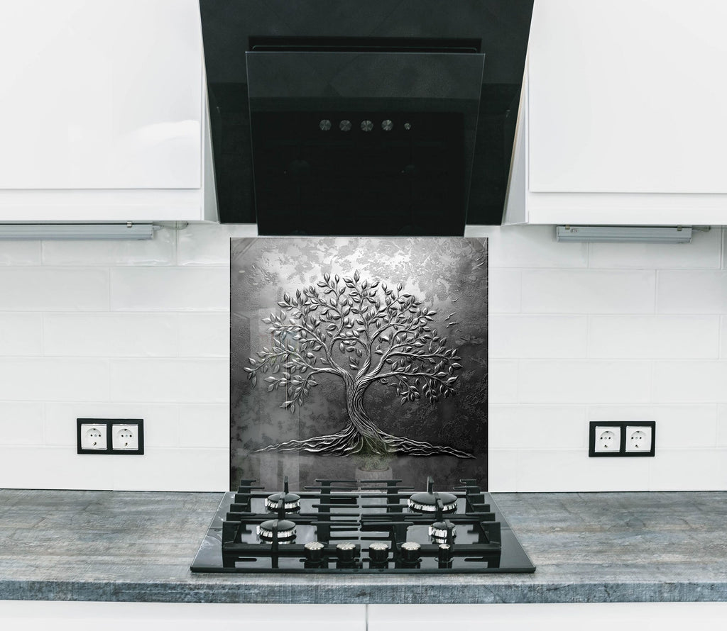 Elegant black tree backsplash artistic textured glass wall panel perfect for contemporary and minimalist kitchens

