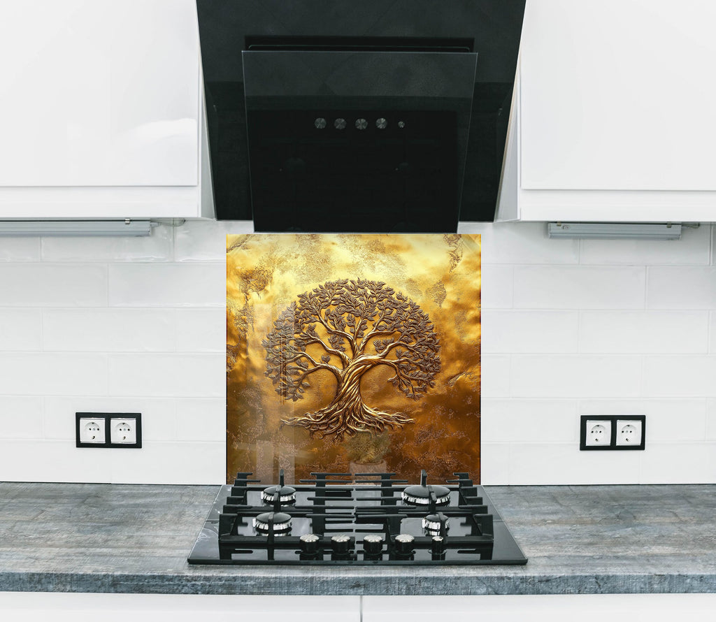 Full gold tree backsplash premium embossed glass wall art perfect for luxury kitchen renovation and stylish home decor

