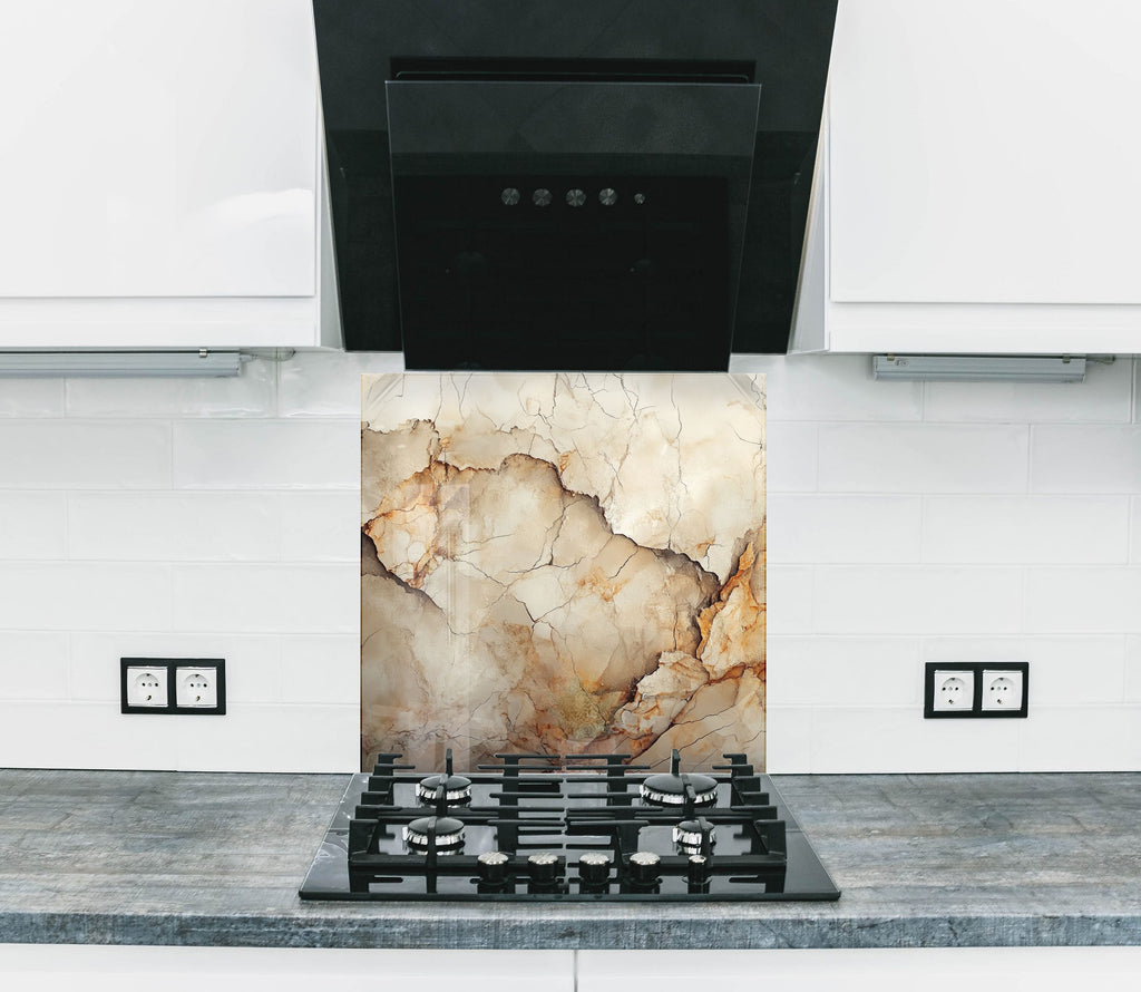 Backsplash glass art with warm marble texture – ideal for earthy and elegant kitchen designs.

