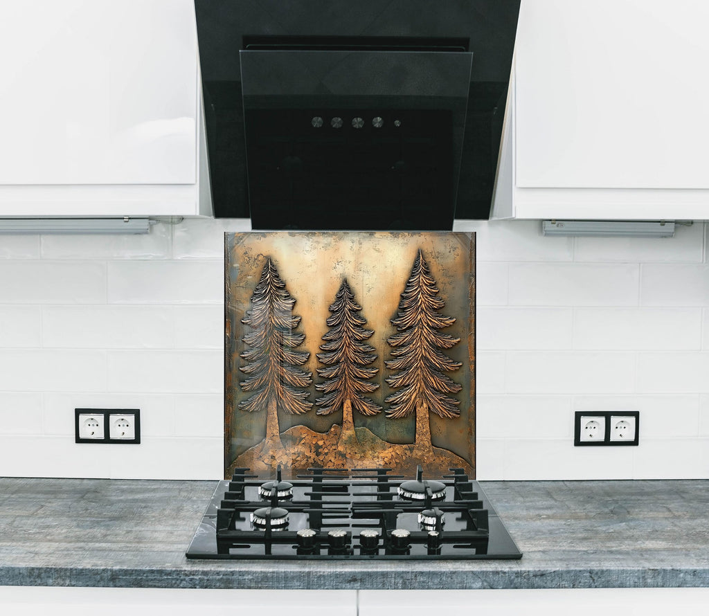 Rustic pine tree kitchen backsplash embossed textured backsplash glass art panel perfect for mountain cabin interiors


