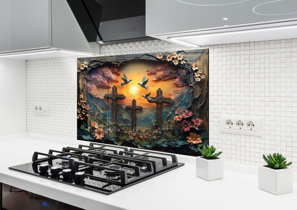 Faithful Sunrise - Three Crosses Glass Kitchen Backsplash-BacksplashArtworks