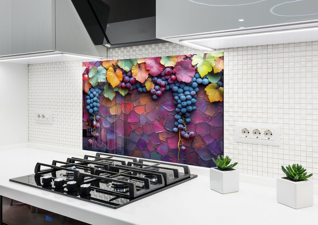 Rustic Grape Vine Glass Kitchen Backsplash – Colorful Vineyard Harvest-BacksplashArtworks