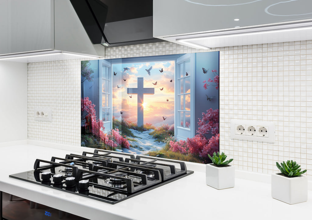 Heaven's Light - Cross & Sunrise Glass Kitchen Backsplash-BacksplashArtworks