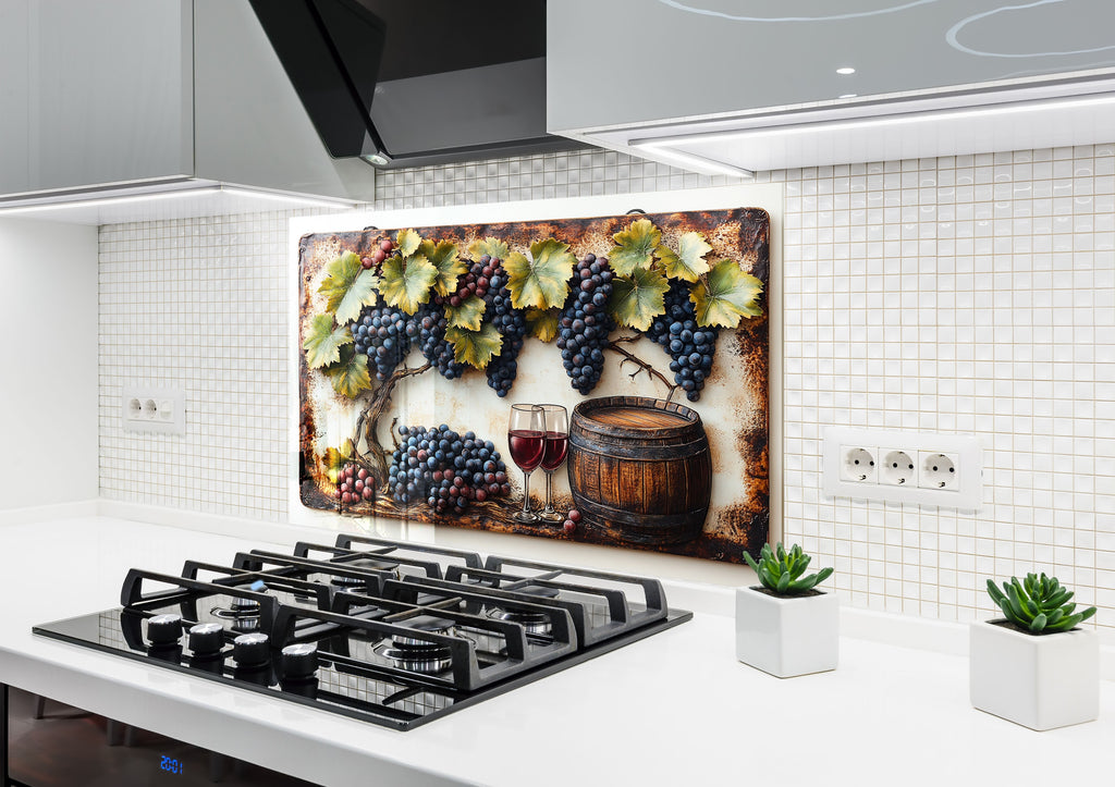 Rustic Grape Vine Glass Kitchen Backsplash – Vineyard Wine & Barrel Design-BacksplashArtworks
