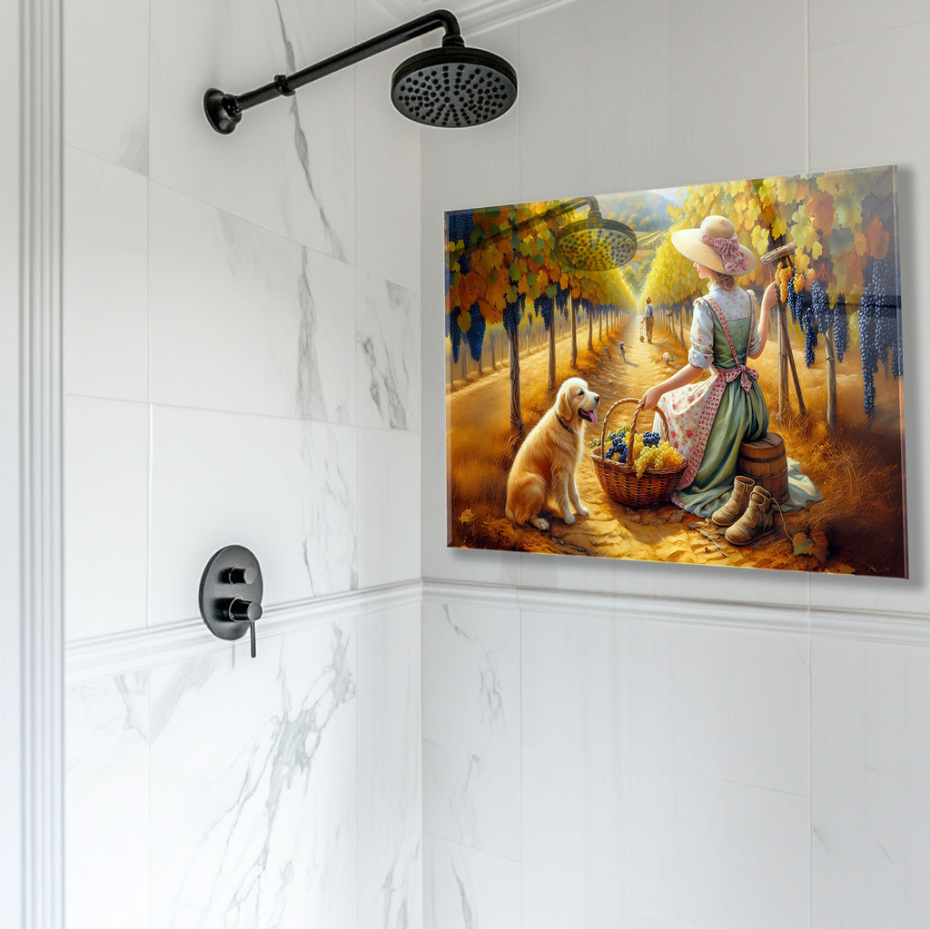 Autumn vineyard scene glass kitchen backsplash featuring grapes and golden light.