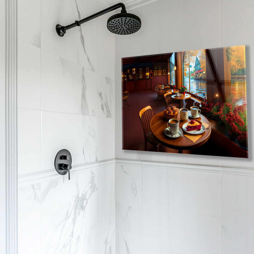 Steamy coffee and pastry shop backsplash in glass – a cozy kitchen escape.

