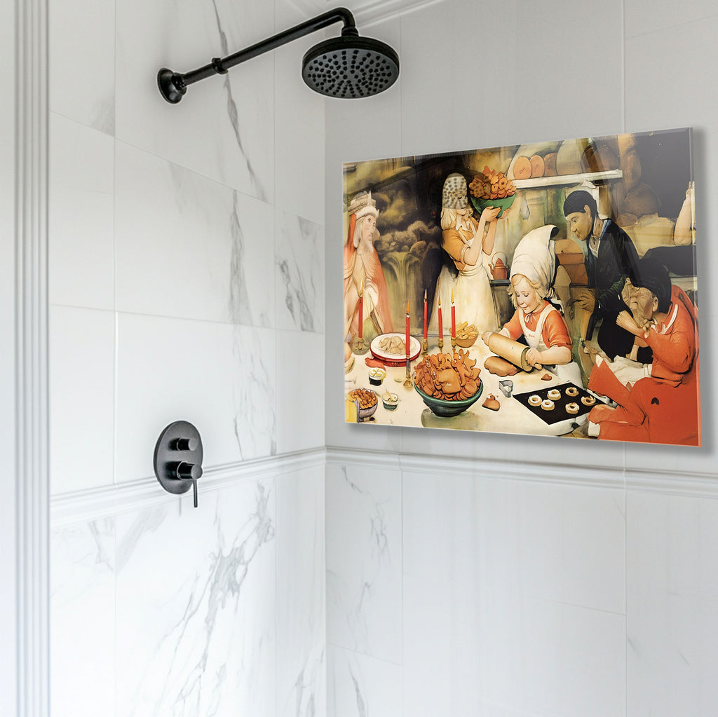 Heartwarming holiday baking moment printed on glossy kitchen backsplash glass.


