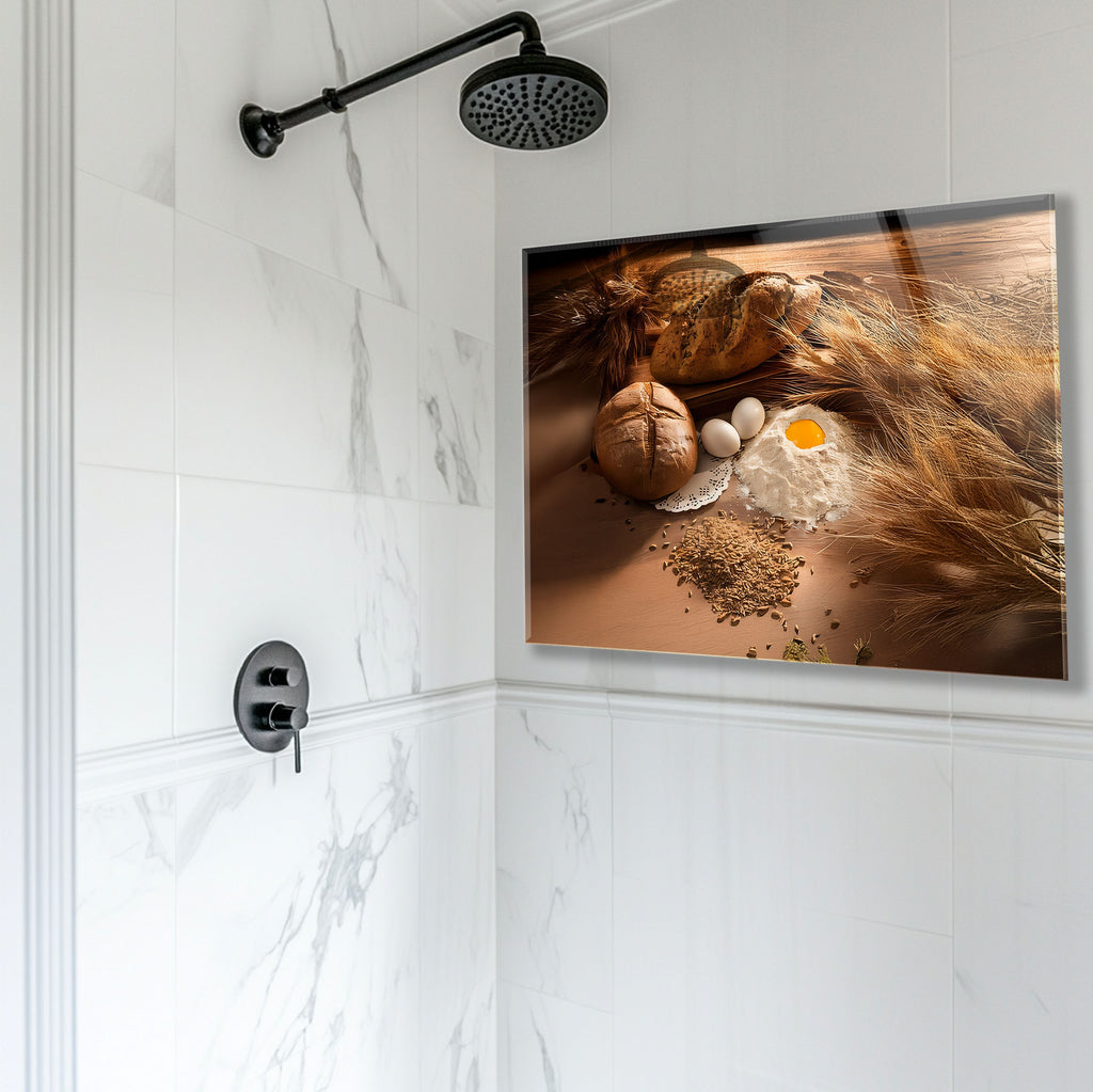 Warm-toned grain and baking setup in high-gloss glass backsplash panel.

