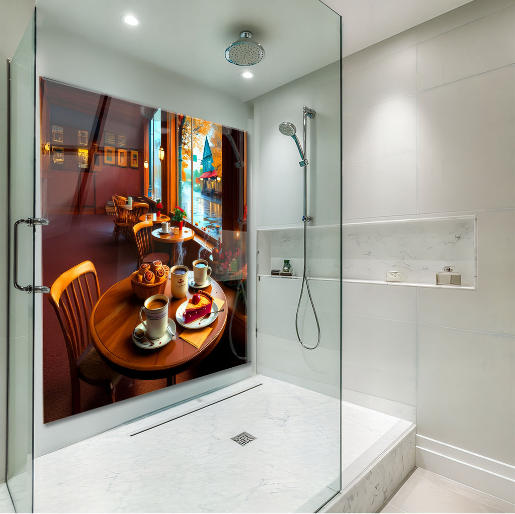 Steamy coffee and pastry shop backsplash in glass – a cozy kitchen escape.

