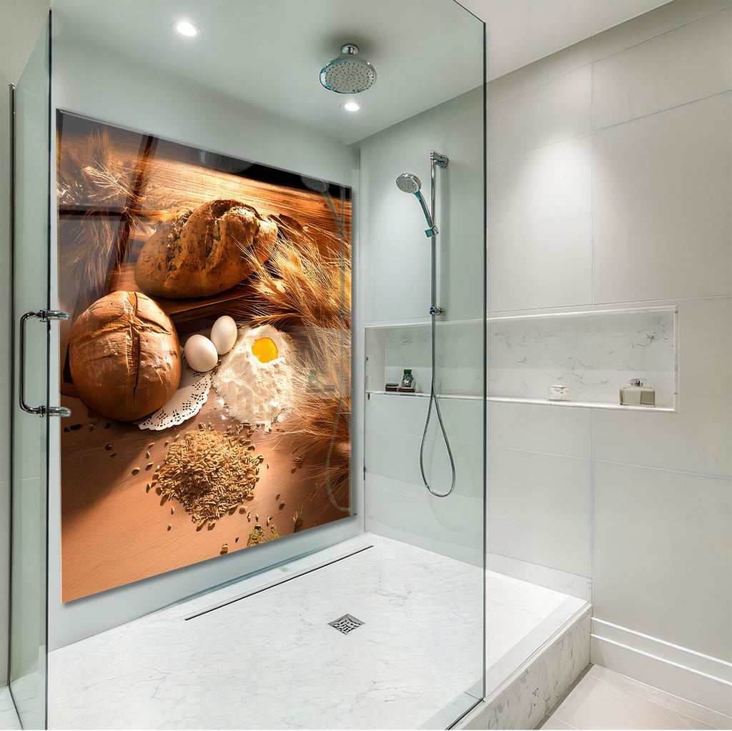 Fresh baked bread and harvest-inspired glass kitchen backsplash for a rustic touch.

