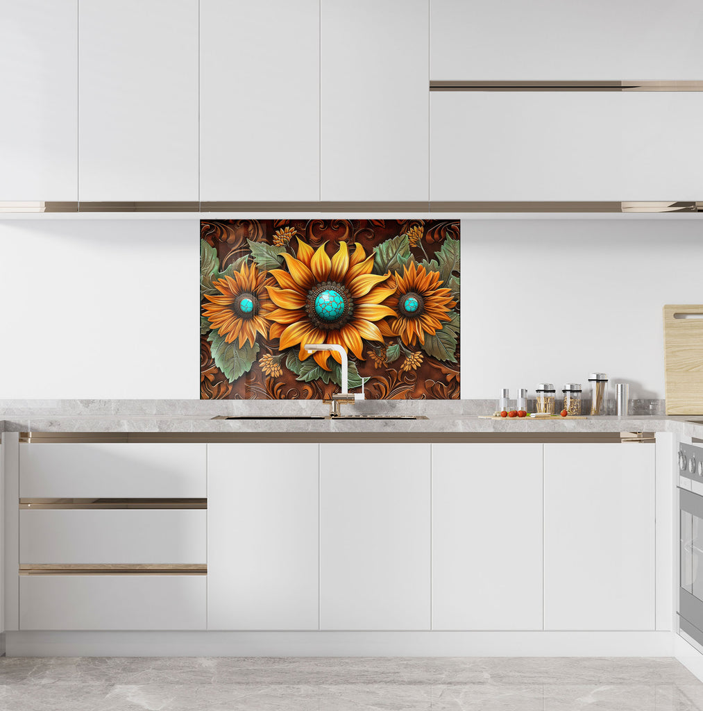 Rustic Sunflower Trio - Glass Kitchen Backsplash-BacksplashArtworks