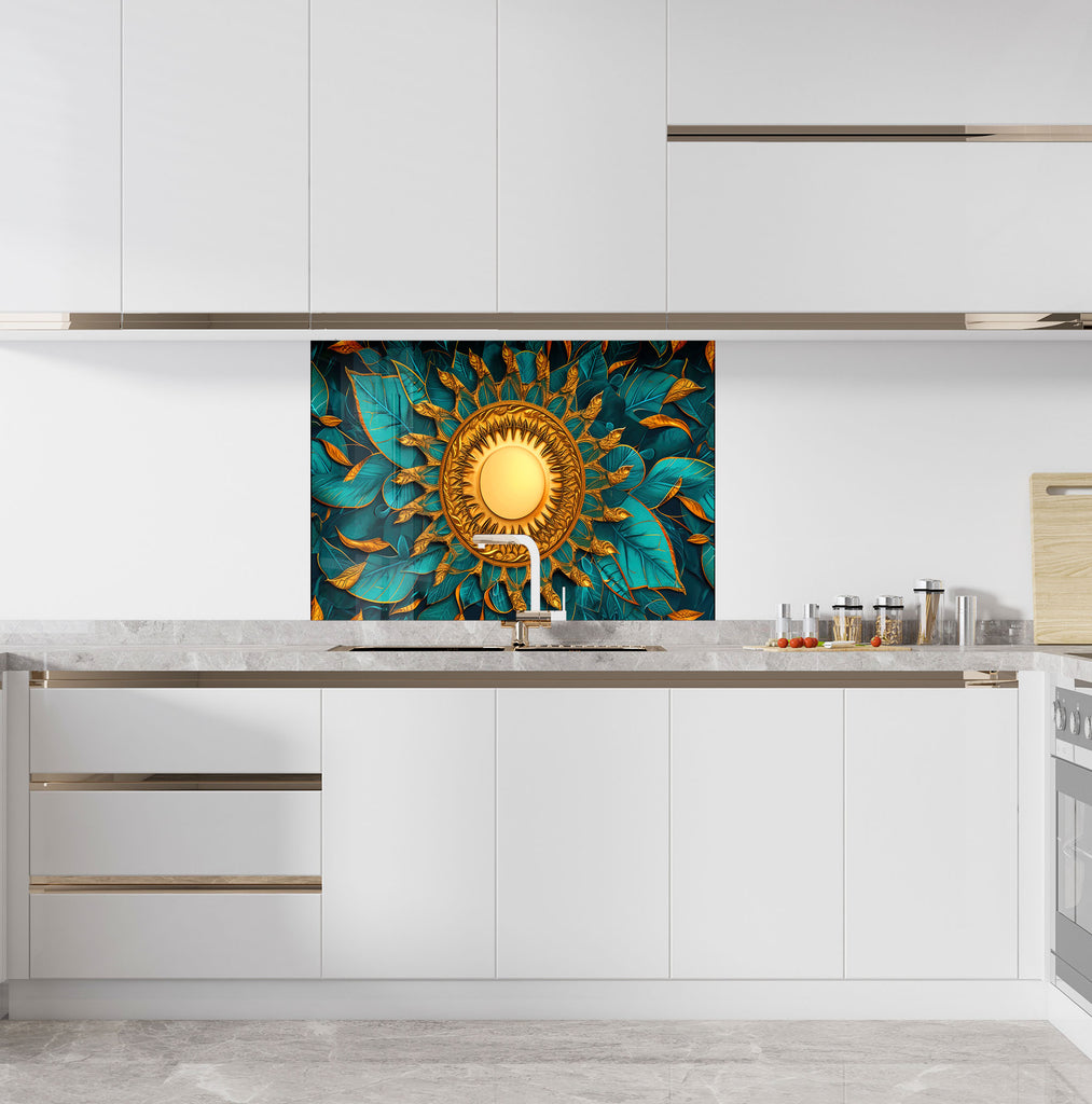Golden Sun Mandala - Glass Kitchen Backsplash-BacksplashArtworks