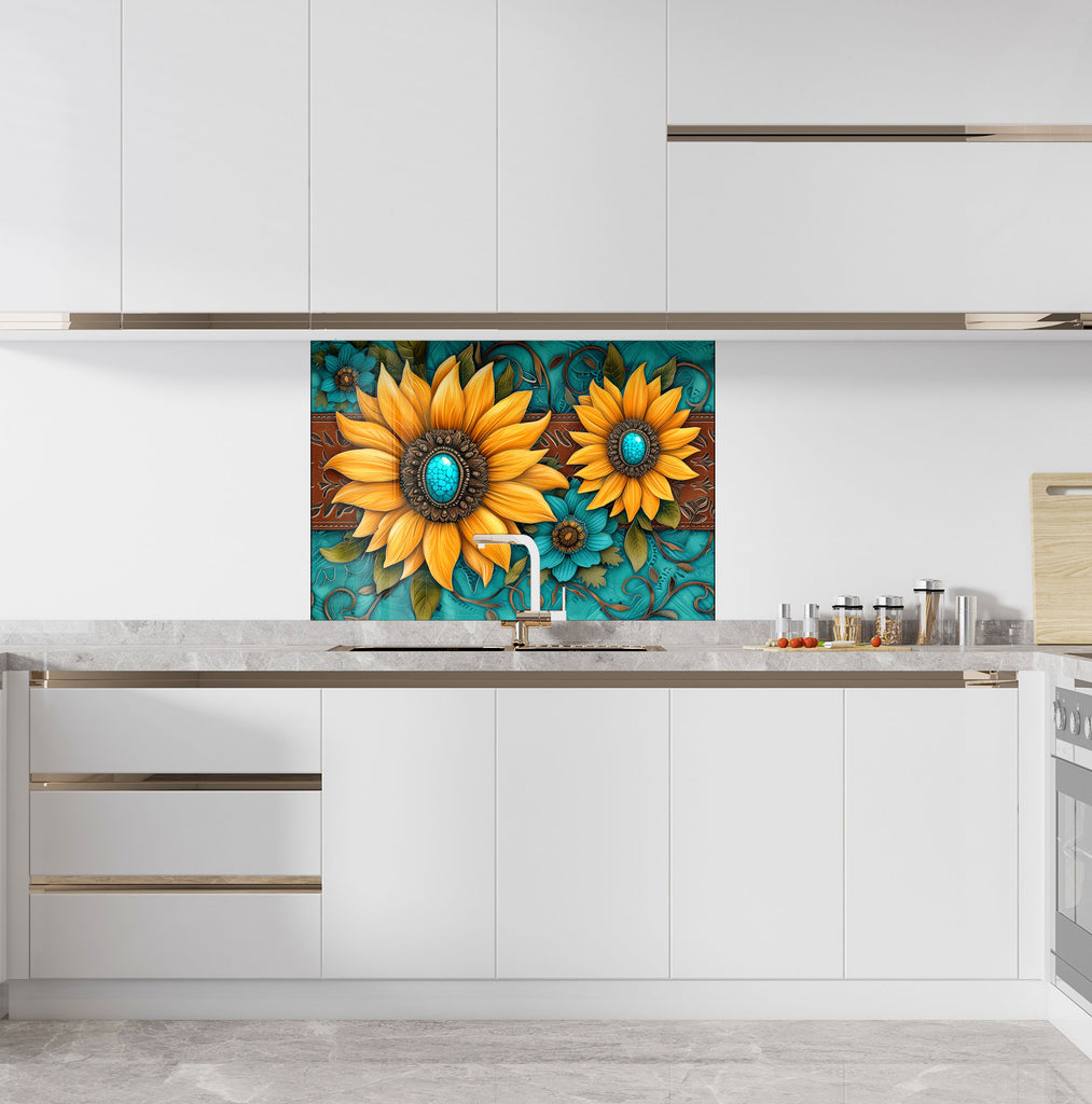 Turquoise Sunflower Radiance - Glass Kitchen Backsplash-BacksplashArtworks