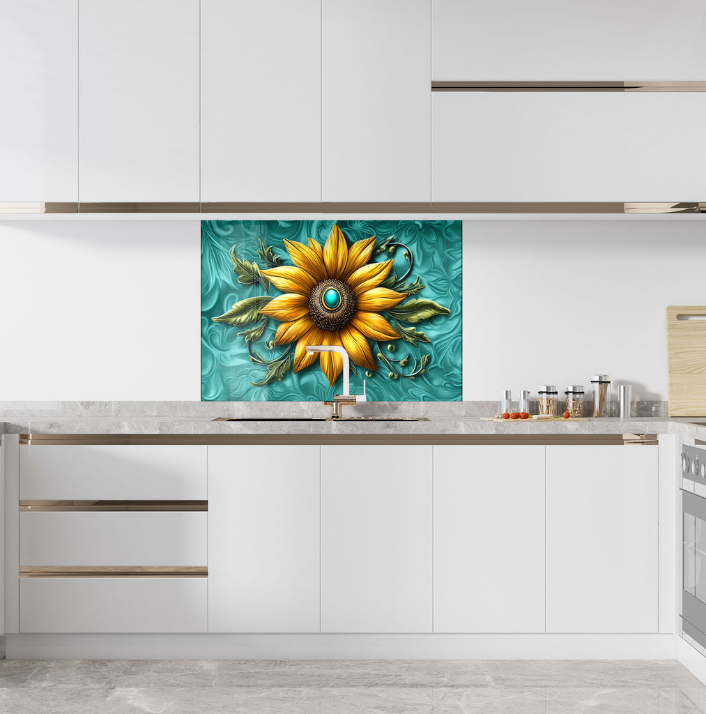 Golden Sunburst Flower - Glass Kitchen Backsplash-BacksplashArtworks