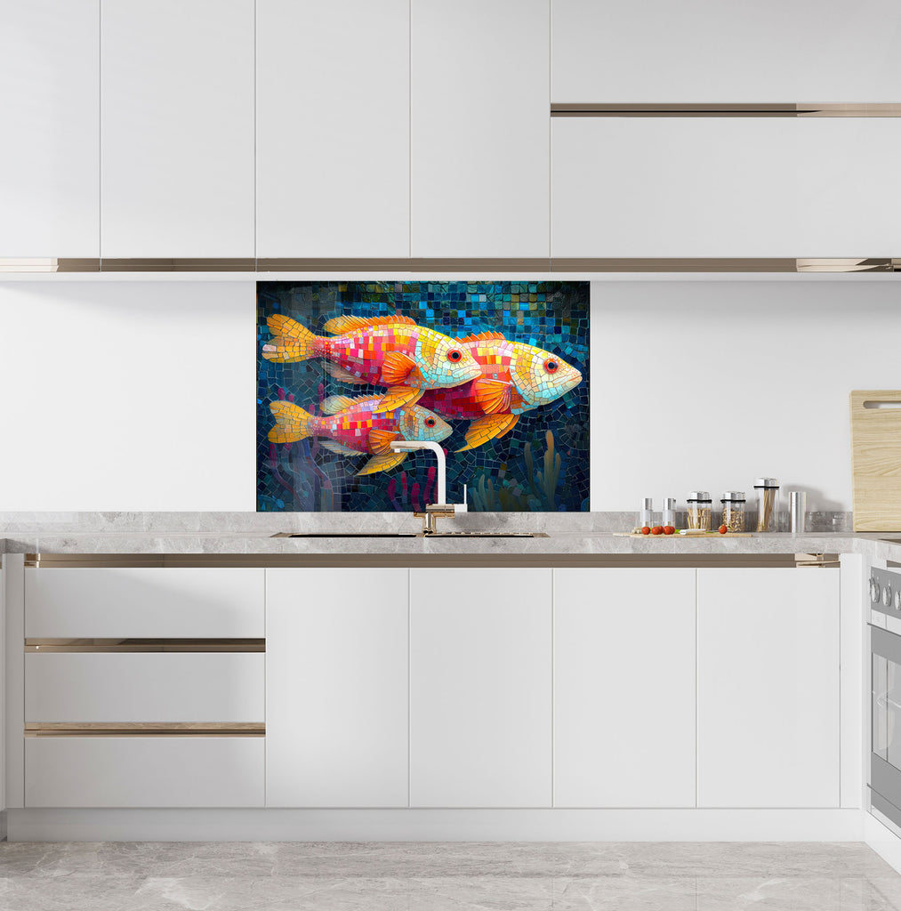Mosaic-Inspired Tempered Glass Kitchen Backsplash with Colorful Fish Design-BacksplashArtworks