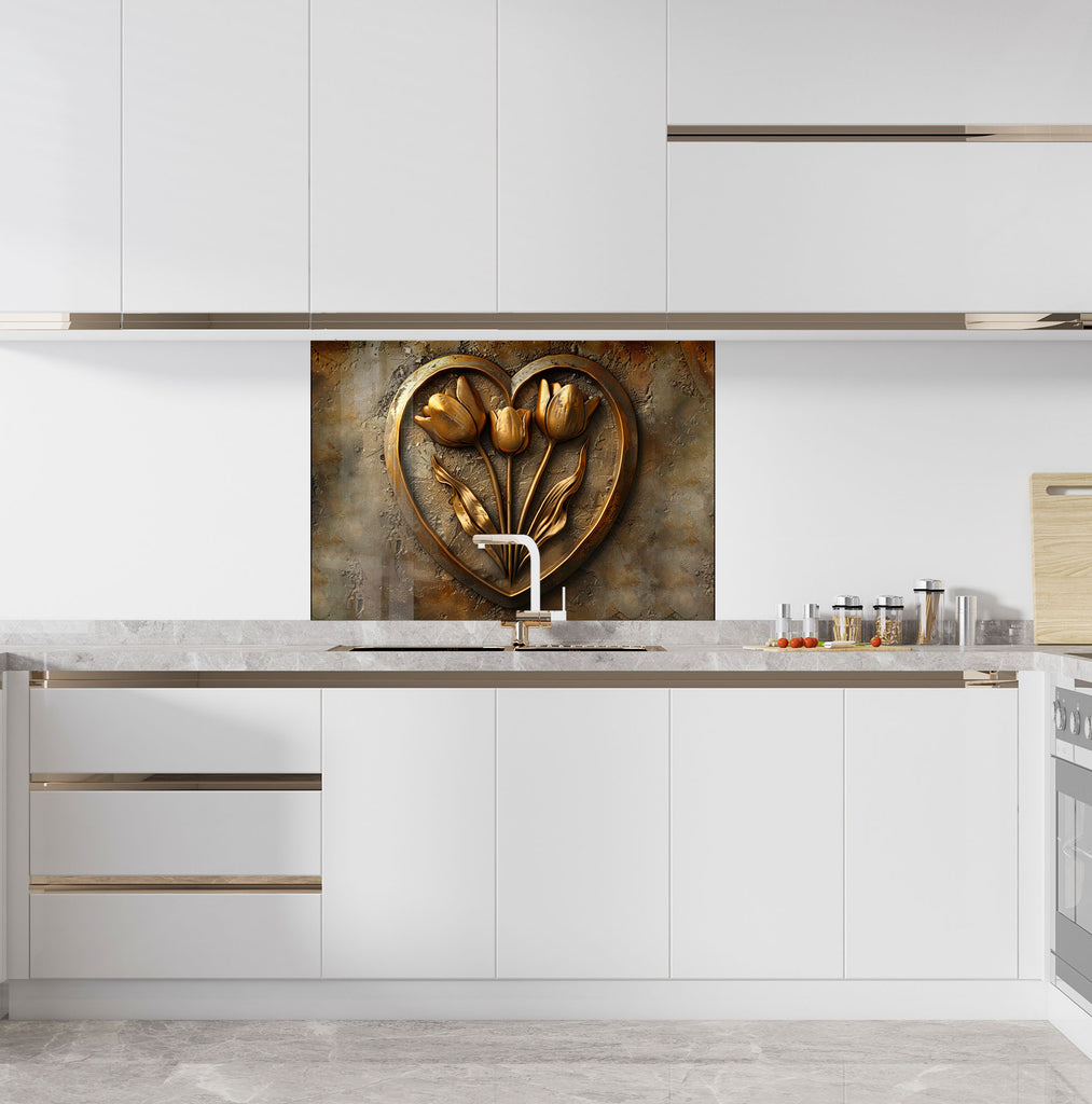 Golden Tulip Heart - Glass Kitchen Backsplash-BacksplashArtworks