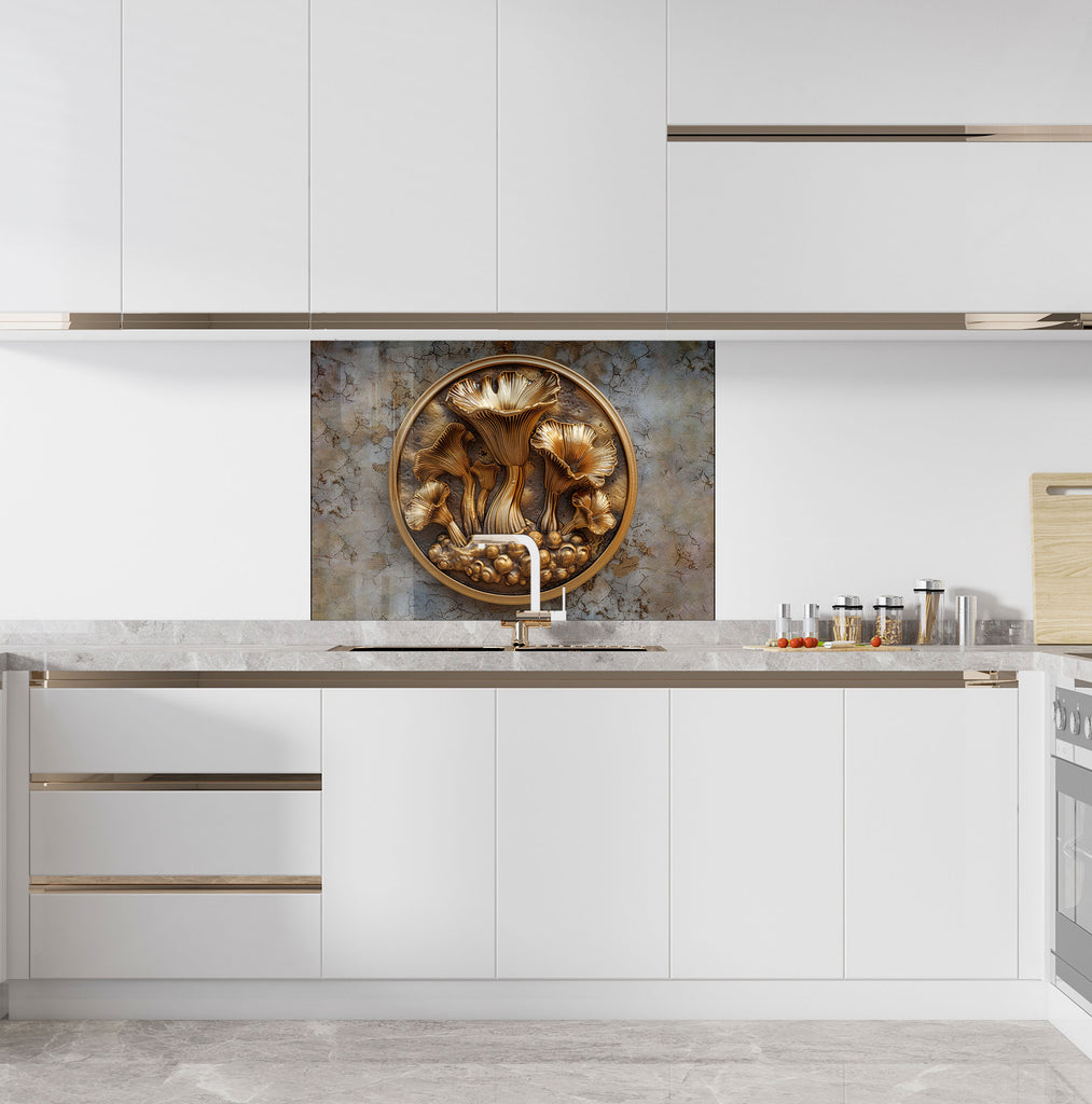 Golden Mushroom Carving - Glass Kitchen Backsplash-BacksplashArtworks