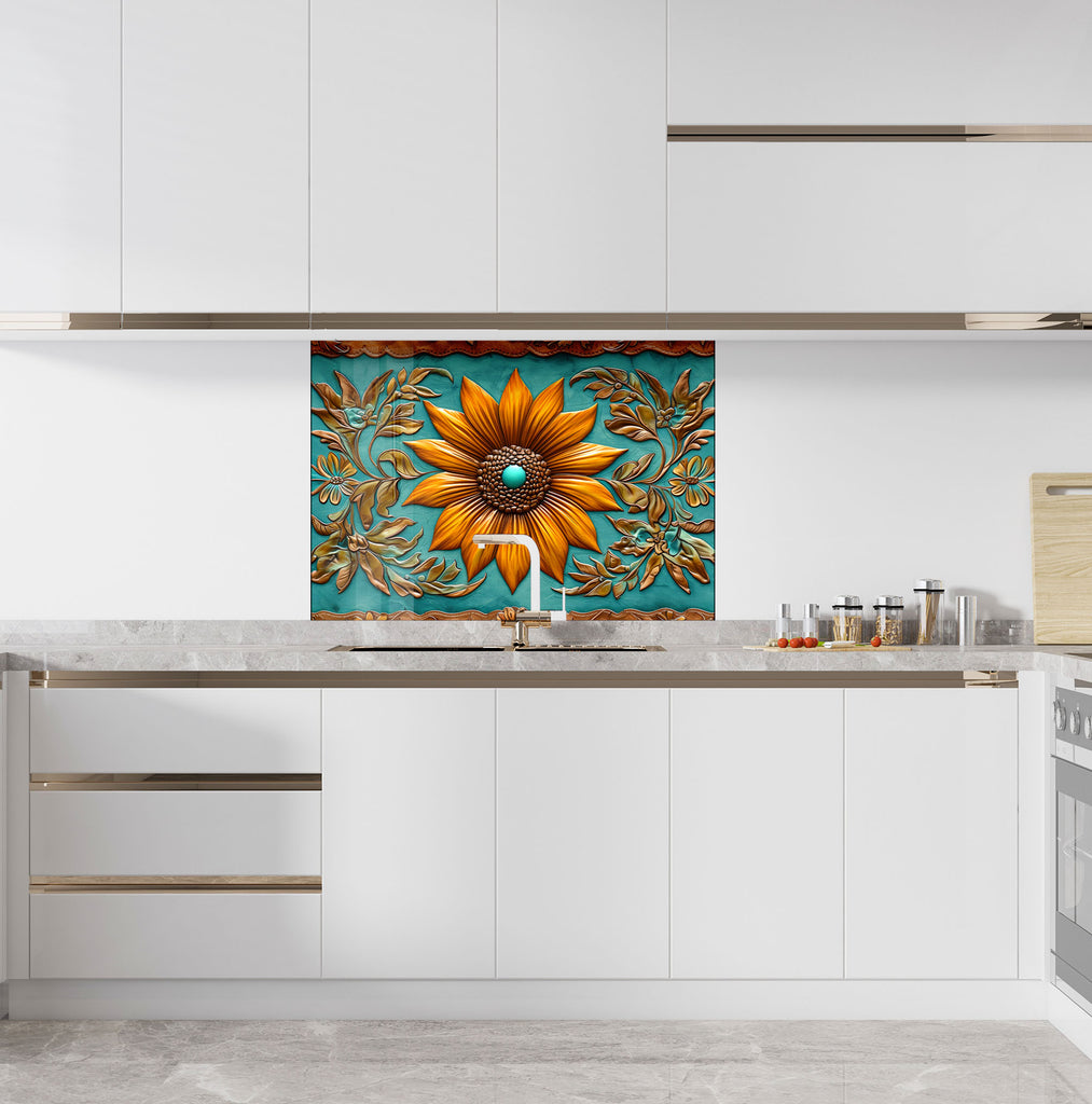 Rustic Sunflower Bloom - Glass Kitchen Backsplash-BacksplashArtworks