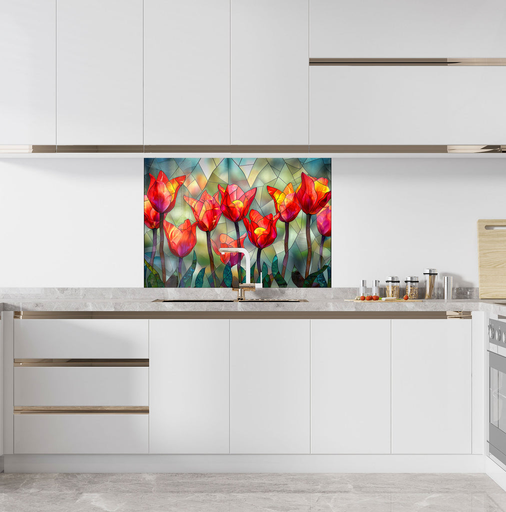 Stained Glass Tulips - Glass Kitchen Backsplash-BacksplashArtworks