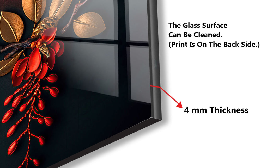 Golden Scarlet Bloom - Glass Kitchen Backsplash-BacksplashArtworks