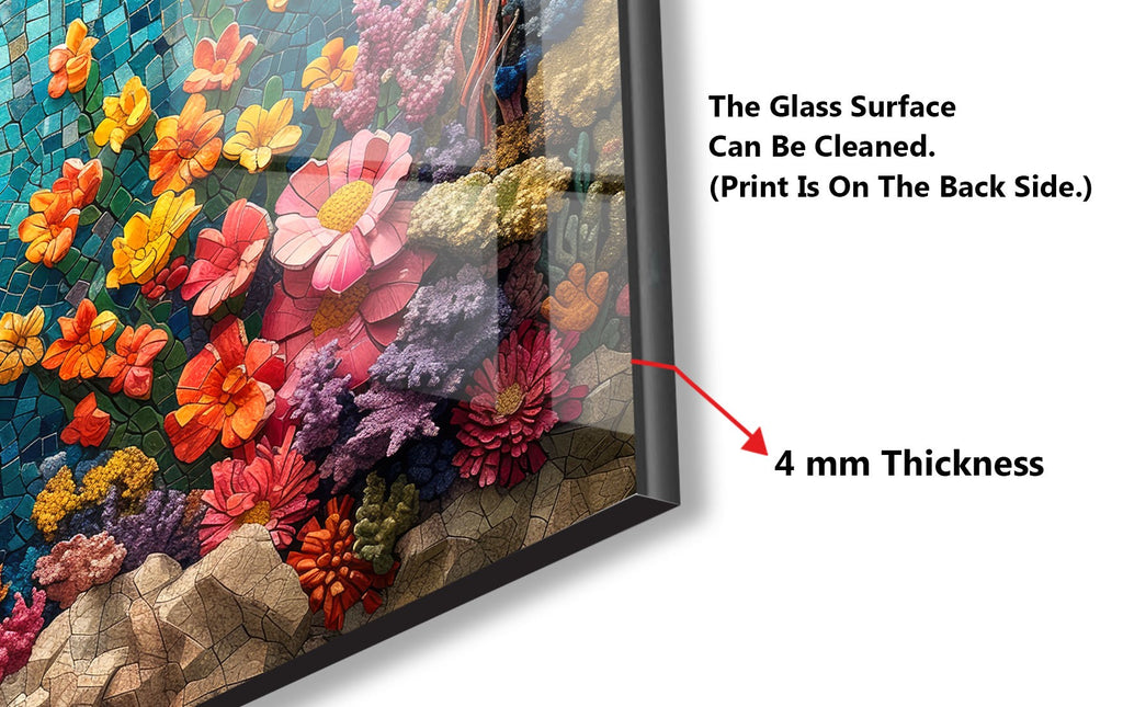 Mosaic-Inspired Tempered Glass Kitchen Backsplash with Colorful Coral Reef Design-BacksplashArtworks