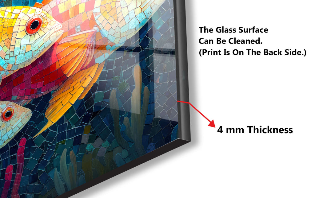Mosaic-Inspired Tempered Glass Kitchen Backsplash with Colorful Fish Design-BacksplashArtworks