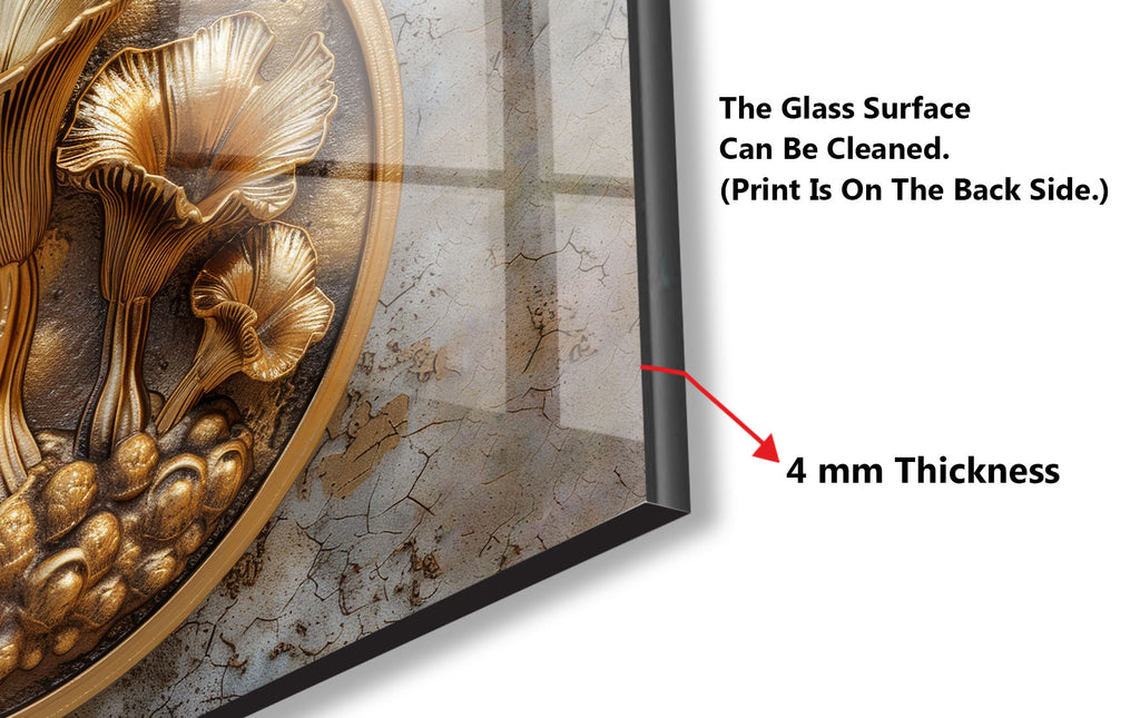 Golden Mushroom Carving - Glass Kitchen Backsplash-BacksplashArtworks