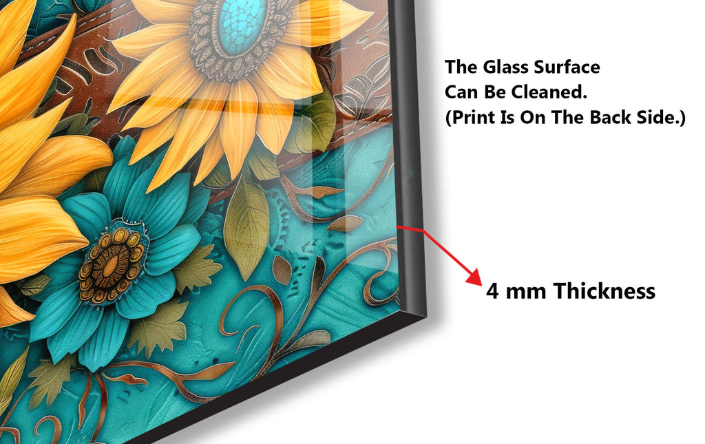 Turquoise Sunflower Radiance - Glass Kitchen Backsplash-BacksplashArtworks