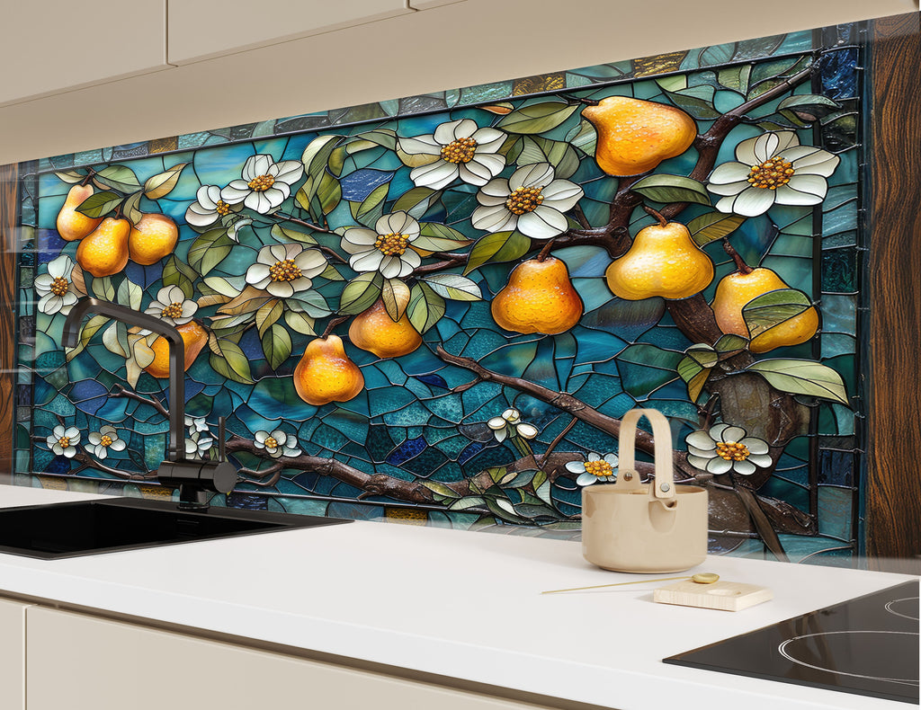 Golden Pear Stained Glass - Glass Kitchen Backsplash-BacksplashArtworks
