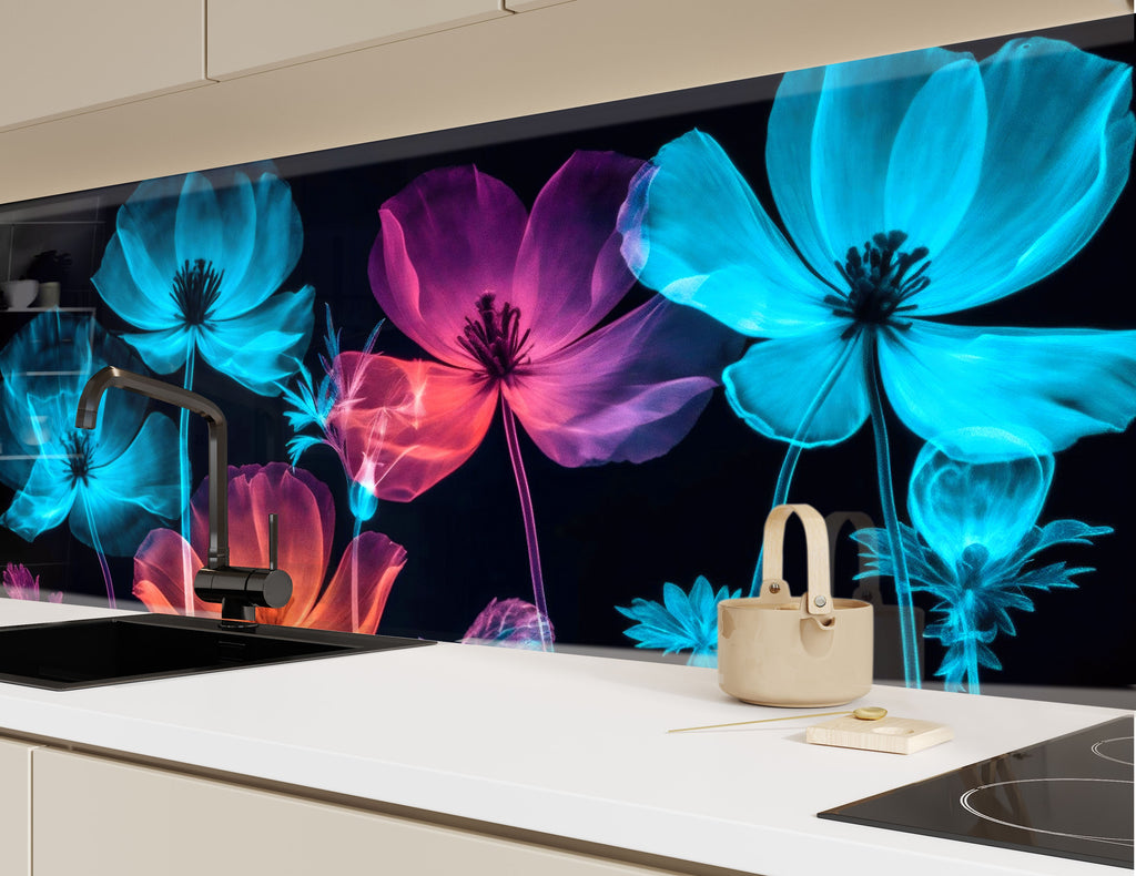 Neon Floral Glow - Glass Kitchen Backsplash-BacksplashArtworks