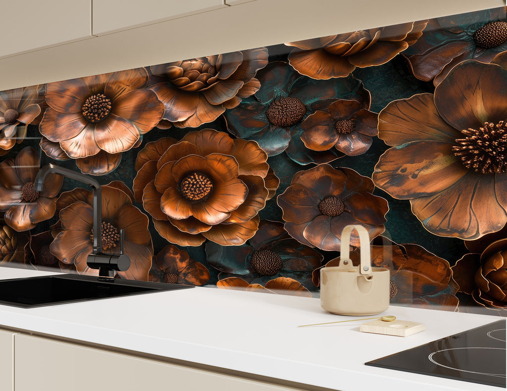 Rustic Metal Floral Art - Glass Kitchen Backsplash-BacksplashArtworks