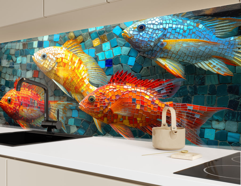 Mosaic-Inspired Glass Kitchen Backsplash with Colorful Fish Design-BacksplashArtworks